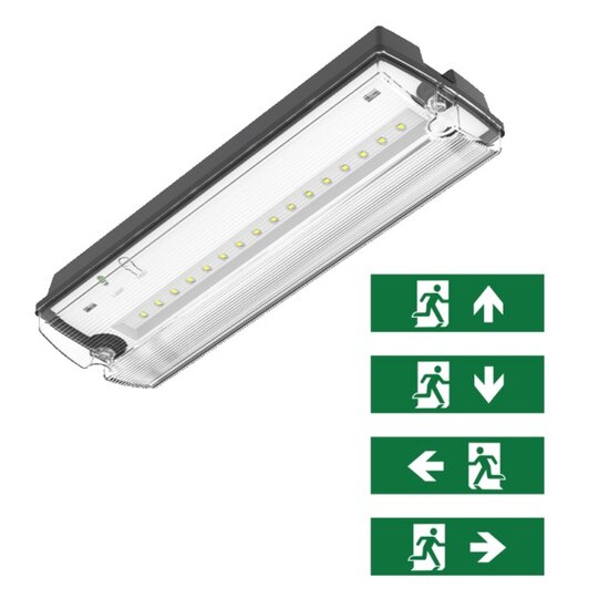 Zwarte PAN LED-noodverlichting met vluchtwegpictogrammen