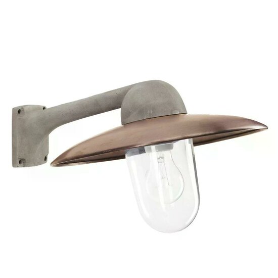 Fabrique buitenwandlamp met ruwe aluminium steun en koperen kap