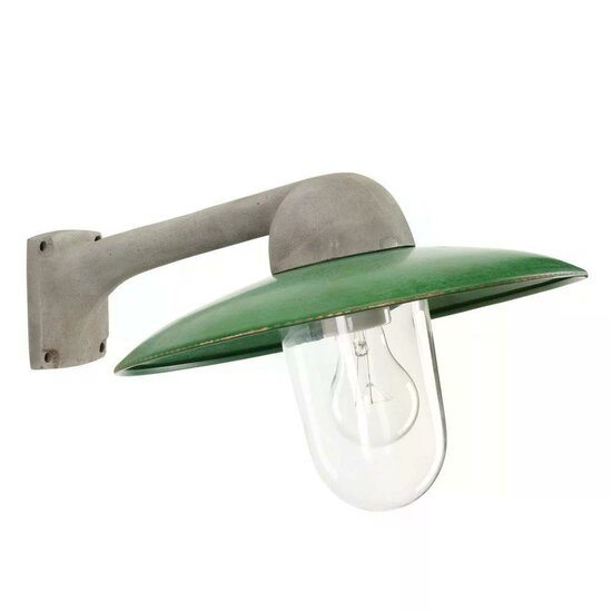 Fabrique buitenwandlamp met ruwe aluminium steun en groene kap