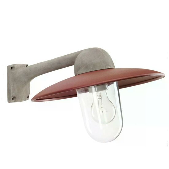 Fabrique buitenwandlamp met ruwe aluminium steun en rode kap