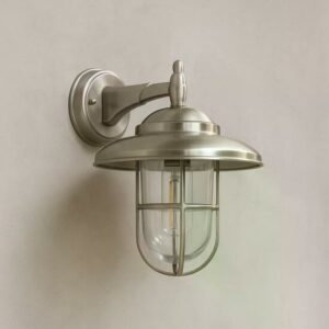 Nikkelkleurige Monte buitenwandlamp met glazen stolp en raster