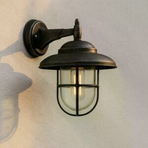 Antiek-zwarte Monte buitenwandlamp met glazen stolp en raster