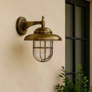 Messing Monte buitenwandlamp met helder glas en beschermraster