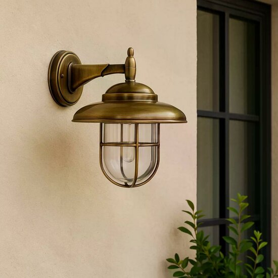 Messing Monte buitenwandlamp met helder glas en beschermraster