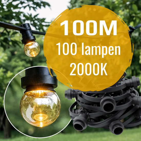 Prikkabel set 100 meter en 100 E27 ledlampen 2000K led in bodem IP44 Zwart