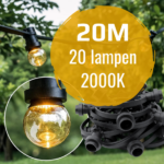 String lights set 20 metres and 20 E27 LED lamps 2000K LED in base IP44 Black