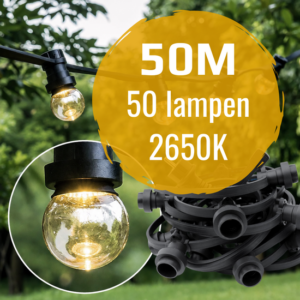 Prikkabel set 50 meter en 50 E27 ledlampen 2650K warm wit IP44 Zwart