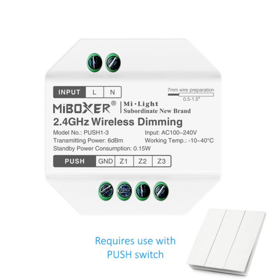 Mi-Light Push Dim Module | Wireless Dimming for 3 Zones