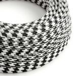 Optically white | carbon black Creative-Cables textile cord with glossy pied-de-poule pattern
