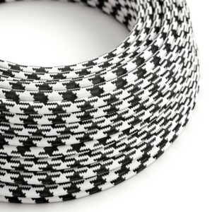Optically white | carbon black Creative-Cables textile cord with glossy pied-de-poule pattern
