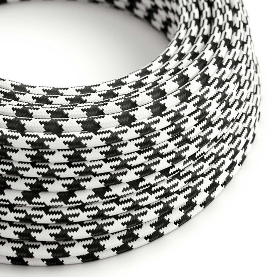 Optically white | carbon black Creative-Cables textile cord with glossy pied-de-poule pattern