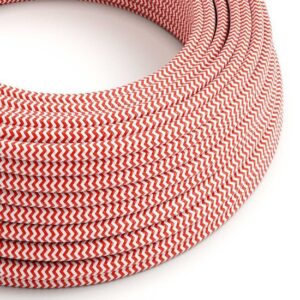 vuurrood|optisch wit rond Creative-Cables textielsnoer met zigzag patroon