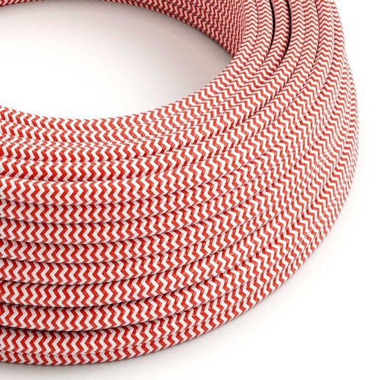 vuurrood|optisch wit rond Creative-Cables textielsnoer met zigzag patroon