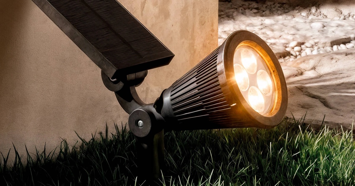 Een solar tuinspot verlicht de rand van een trap en de beplanting