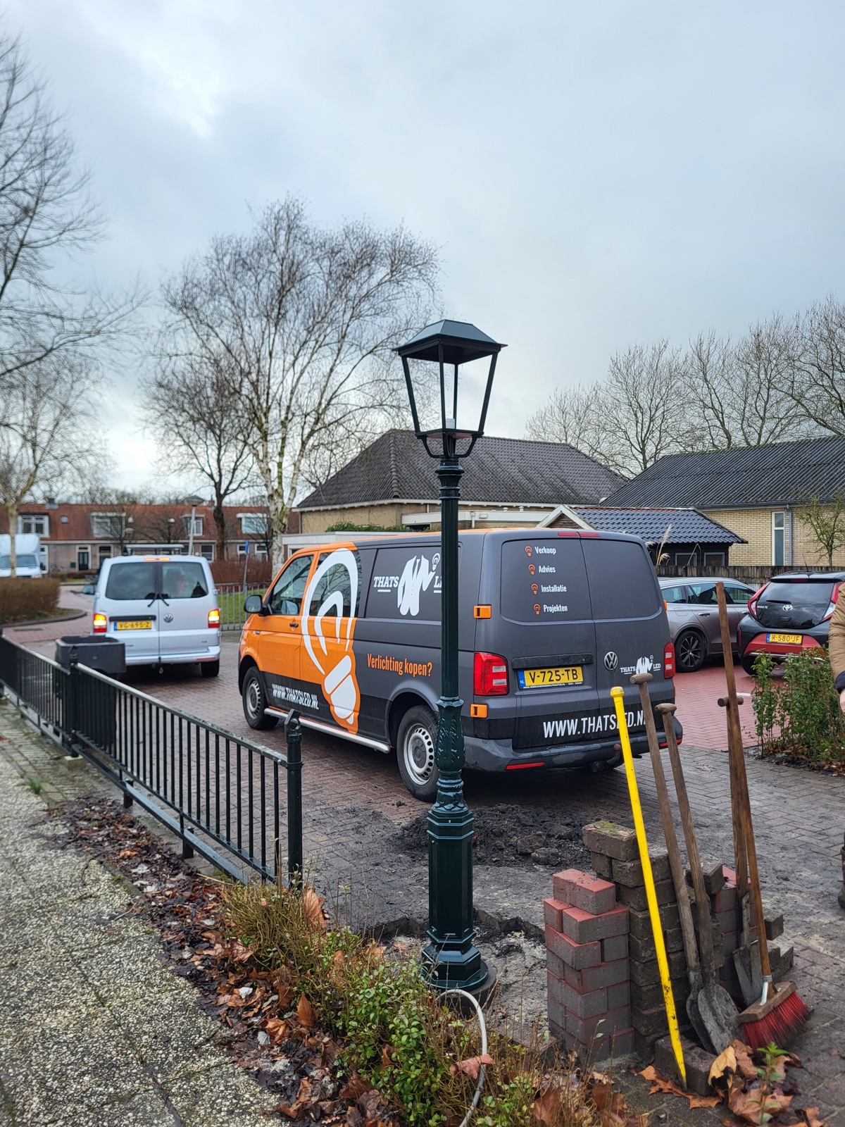Paallampen naast geparkeerde voertuigen als plaatsingsvoorbeeld bij daglicht
