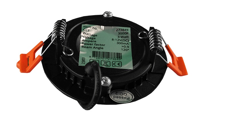 Achterzijde van een platte downlight met montageveren