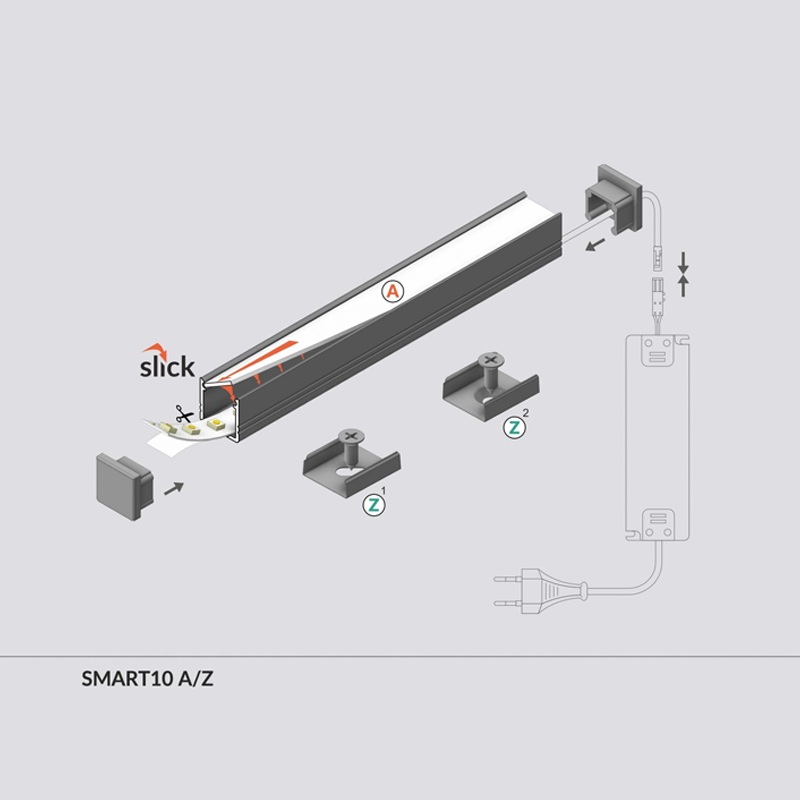 Producttekening van een aluminium ledstripprofiel met afdekkap, eindkappen en montageclips